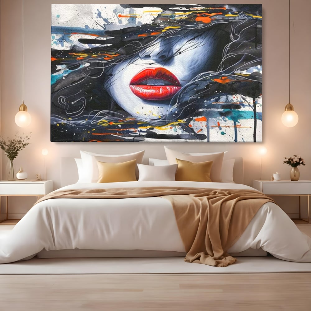 Tablou canvas cu tablou canvas cu buze rosii si par abstract, fara rama, pe sasiu de lemn, pe perete intr-un dormitor